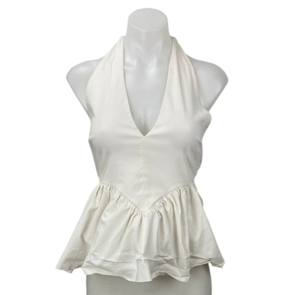 Zara White Halter V Neck Backless Sleeveless Open Back Peplum Blouse Top Size M